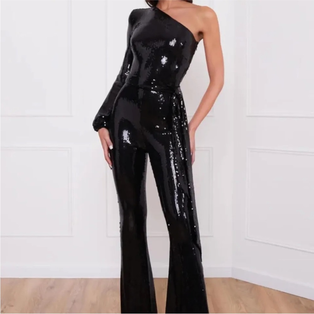 Nadine Merabi Black Sequin Jumpsuit
